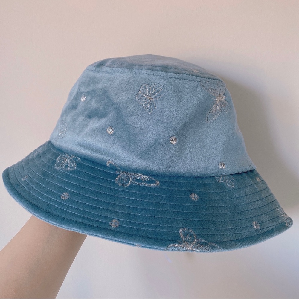 Blue velvet silver butterfly bucket hat
